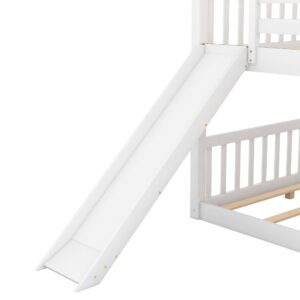 Jintop Full Over Full Bunk Bed with Convertible or Removable Slide and Ladder,Modern Loft Shelf Bed,w/Slat Support,No Box Spring Needed,for Apartment,Bedroom,Guest Room,White