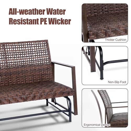 Wicker 2 Person Patio Glider with Double Weaved Wicker Seat, Powder Coated Aluminum Frame, 50" W x 25.5" D x 35.5" H, 400 Lb Weight Capacity