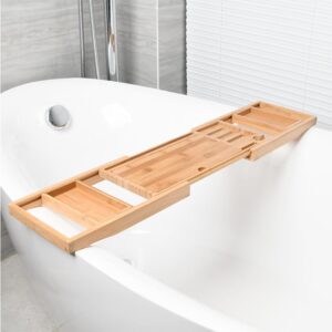 Bathtub Caddy Tray Bamboo Expandable Bath Tray Waterproof for Tub with Wine Holder Built in Book Tablet Integrated Wineglass Holder Phone Tray & Accessories Placement 23.6“ （expands to 34 inches）