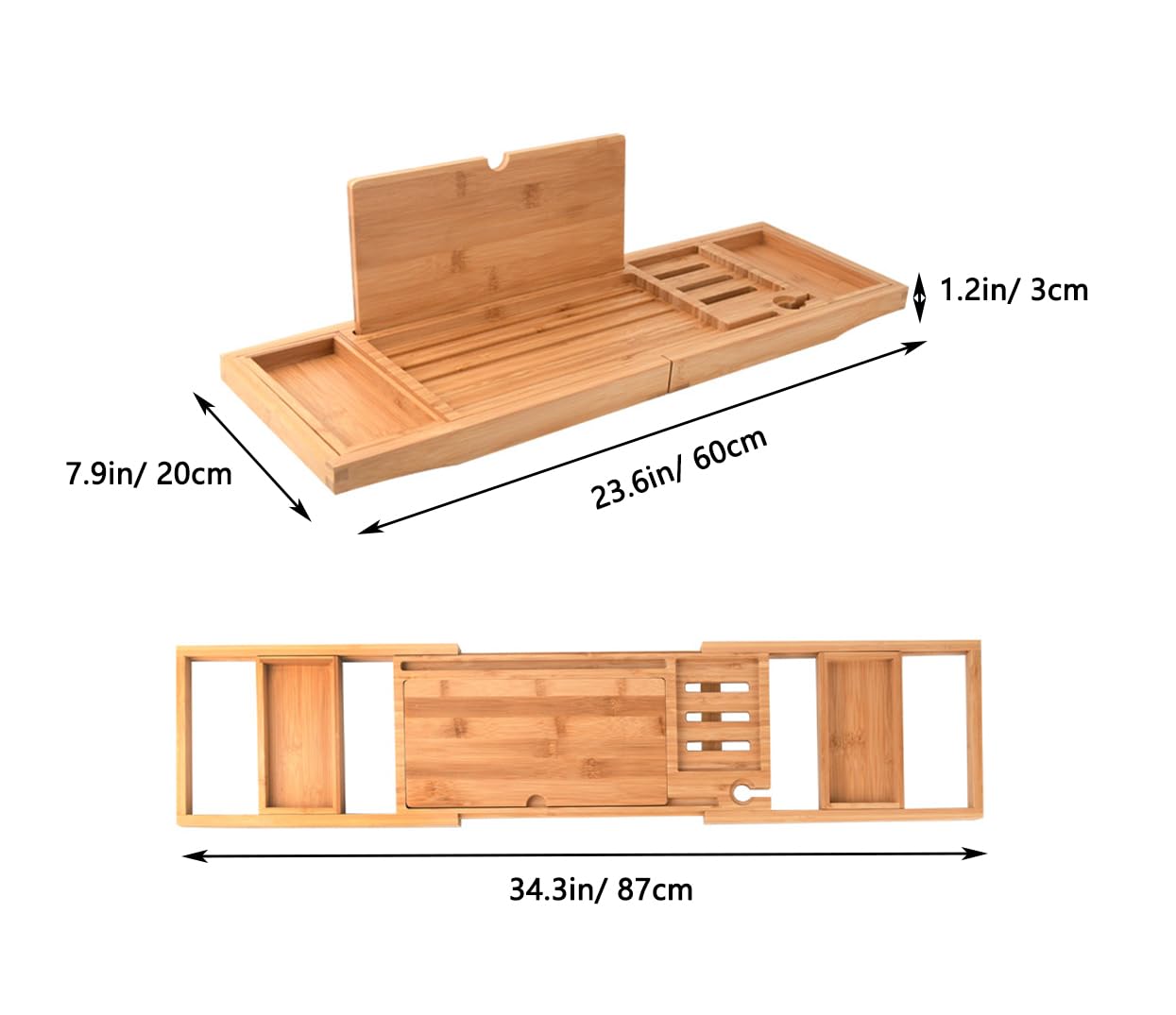 Bathtub Caddy Tray Bamboo Expandable Bath Tray Waterproof for Tub with Wine Holder Built in Book Tablet Integrated Wineglass Holder Phone Tray & Accessories Placement 23.6“ （expands to 34 inches）