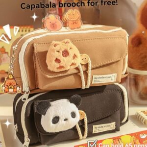 forzma Open Wide 4 Compartment Pencil Case Pen Pouch Canvas Capybara with Pen Slots Grids Bonus Pin Brown/Black (Milk Coffee)