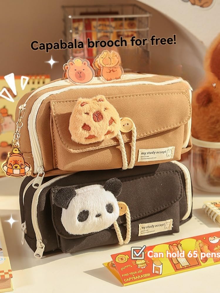 forzma Open Wide 4 Compartment Pencil Case Pen Pouch Canvas Capybara with Pen Slots Grids Bonus Pin Brown/Black (Milk Coffee)