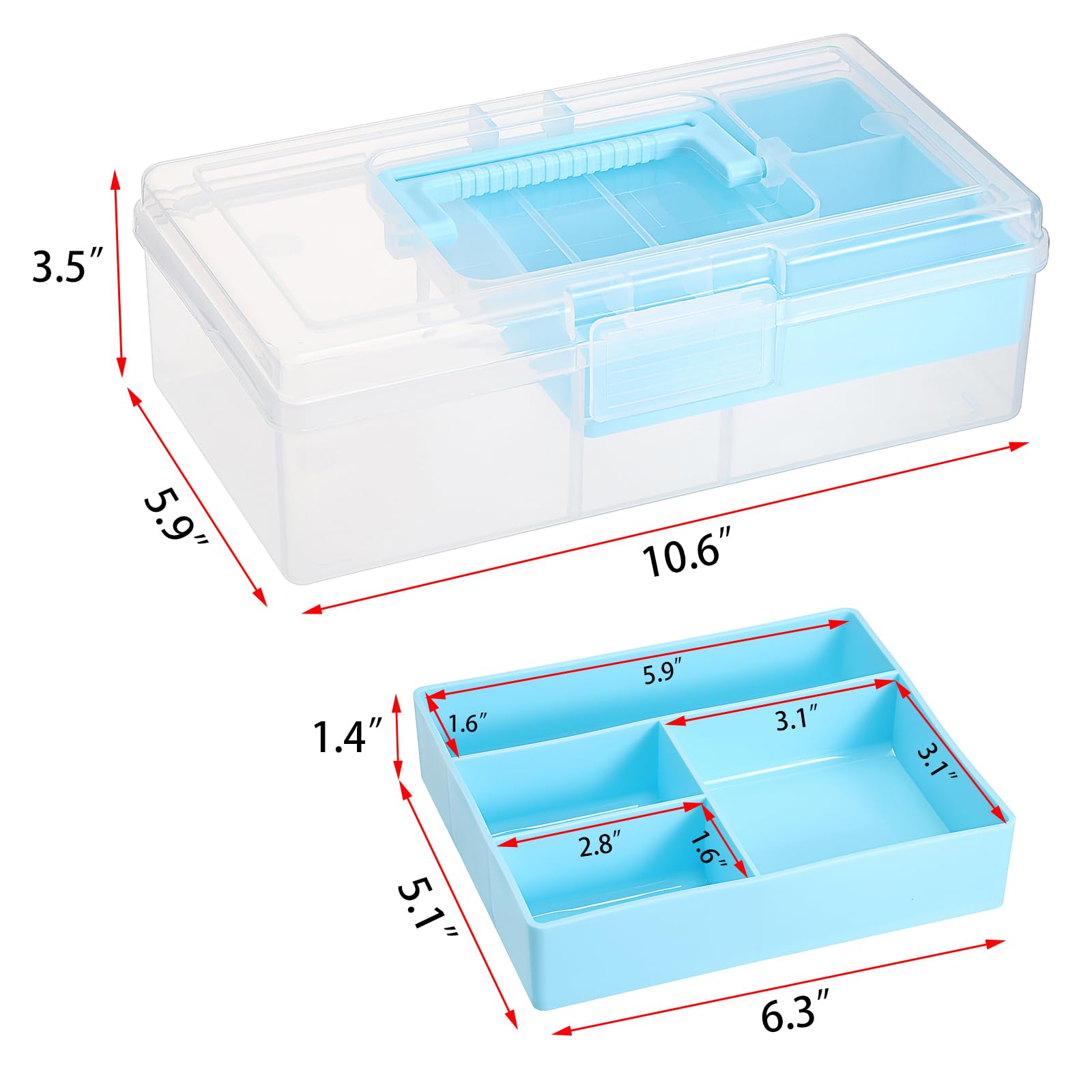 JUXYES Plastic Carry Storage Box with Removable Dividers, Clear Art Craft Supply Storage Bin Sewing Box With Handle Lid, 2 Layers Stationery Storage Case for School/Office Supplies