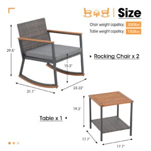 OC Orange-Casual 3 Piece Outdoor Rocking Bistro Set, Patio Wicker Furniture Conversation Set Chairs with Coffee Table and Cushion for Garden, Yard, Porch, Balcony,Grey