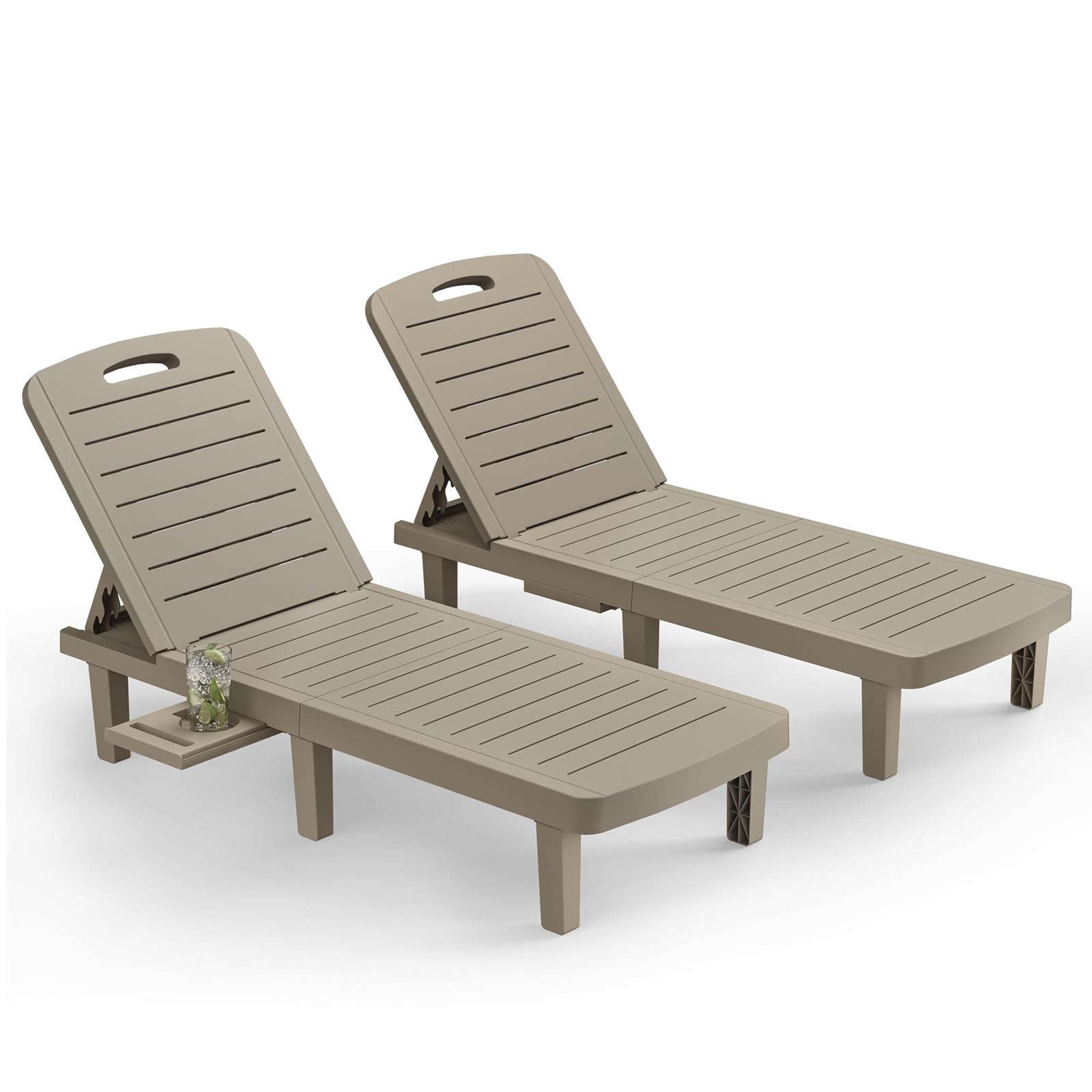 VONZOY Oversized Outdoor Chaise Lounge Chairs Set of 2，Patio Lounge Chair with Adjustable Backrest, Pool Chaise Lounge with Cup Holder, Resin Chair for Poolside, Beach, Garden and Yard - Grey