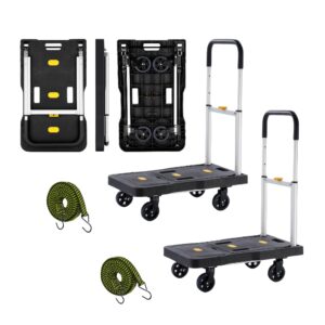 platform truck folding hand truck 330 lb 2 packs heavy duty utility dolly flatbed luggage push cart fully folded compact cart, portable trolley with elastic ropes easy storage, lightweight for moving