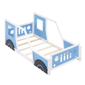 Acosure Twin Size Classic Car-Shaped Platform Bed with Wheels,Headboard and Footboard,Bedroom Wood Bed Frame W/No Box Spring Required,Easy to Assemble,for Kids Teens Girls Boys,Blue