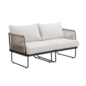 Nathan James Isla Boho Loveseat for Patio, Upholstered Outdoor Sofa with Black Metal Frame, Cream