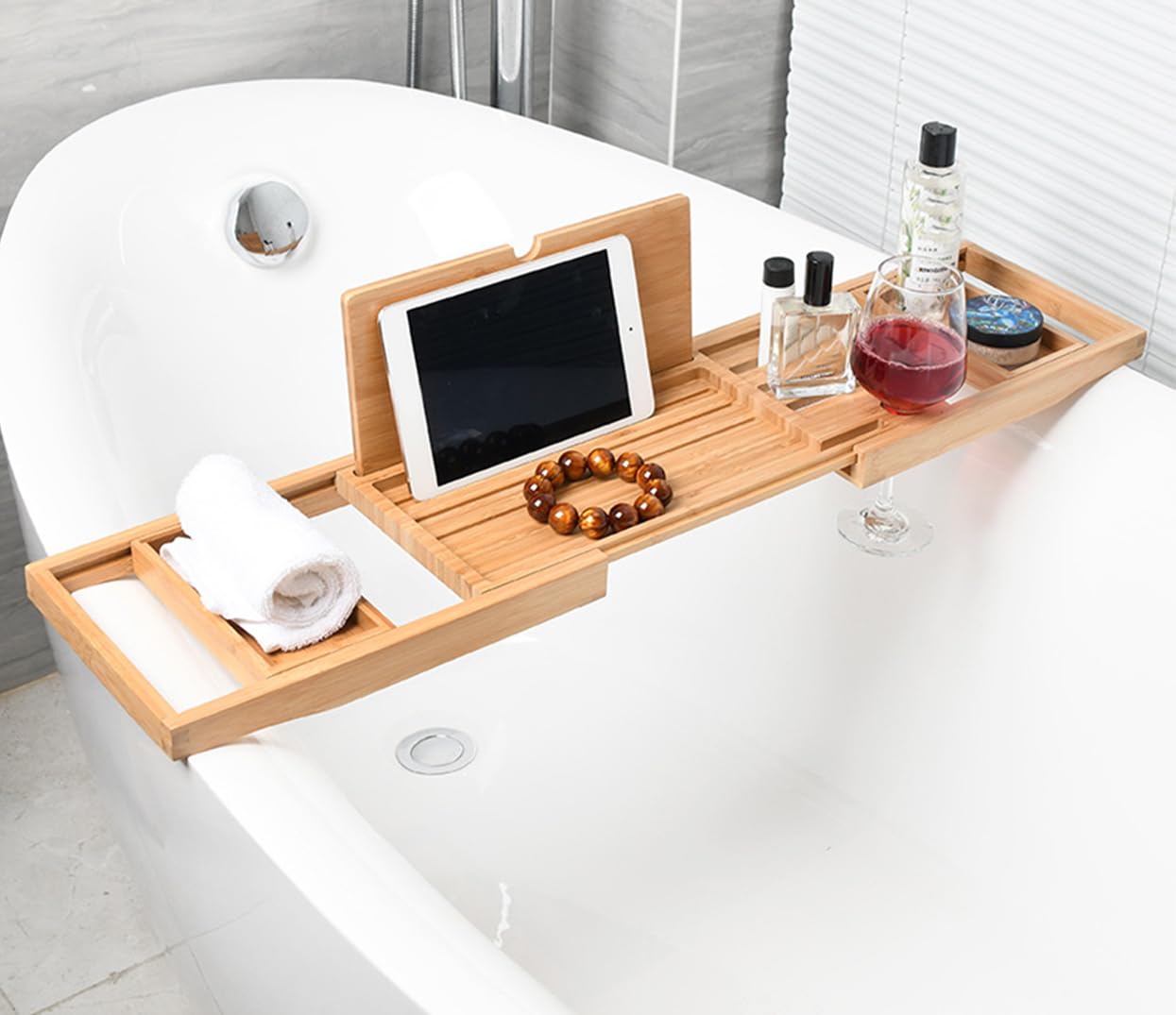 Bathtub Caddy Tray Bamboo Expandable Bath Tray Waterproof for Tub with Wine Holder Built in Book Tablet Integrated Wineglass Holder Phone Tray & Accessories Placement 23.6“ （expands to 34 inches）