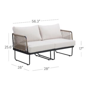 Nathan James Isla Boho Loveseat for Patio, Upholstered Outdoor Sofa with Black Metal Frame, Cream