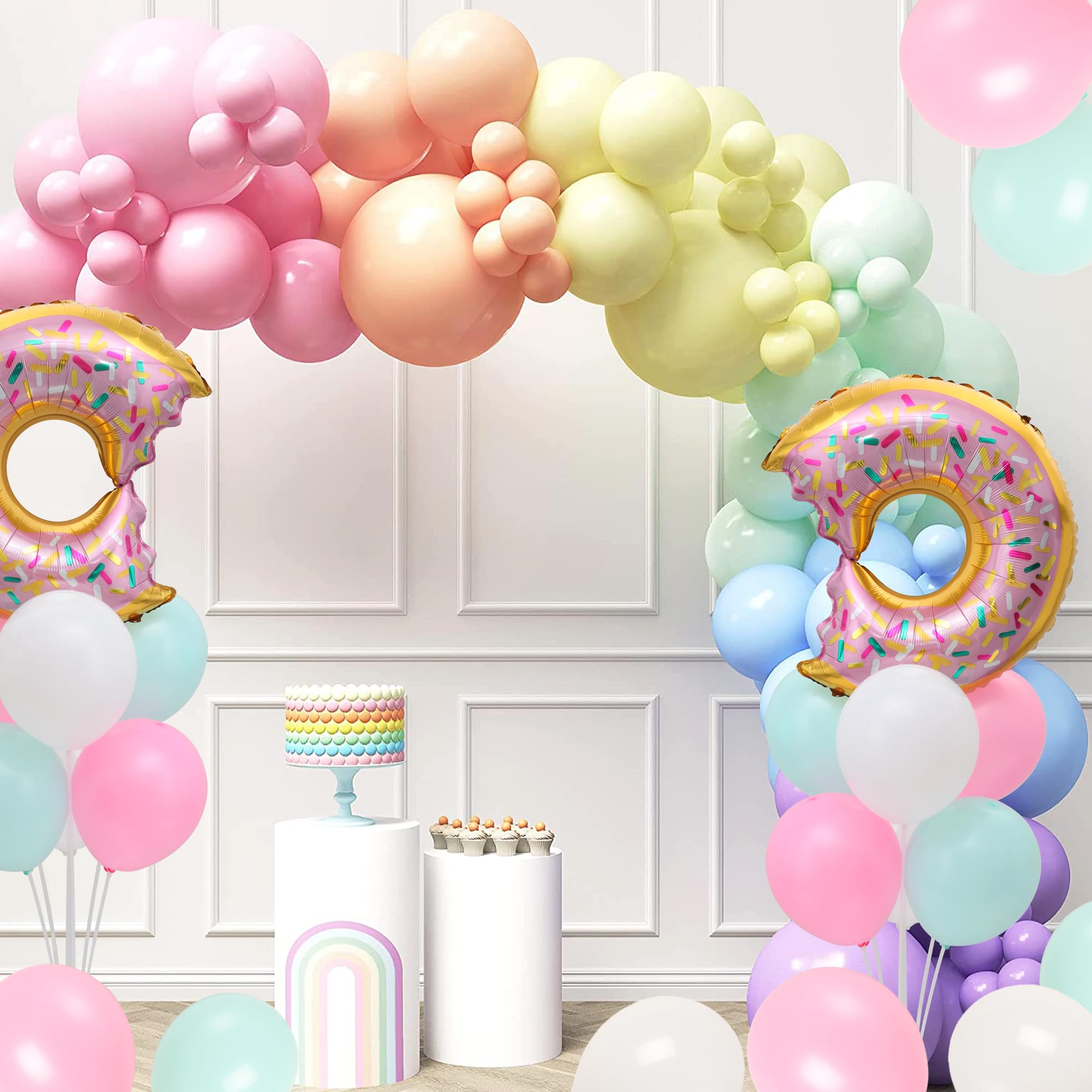 BoKin Donut Table Centerpiece Balloons Stand Kit 2 Sets, 2 Doughnut Foil Balloons 14 Latex Pastel Balloons for Donut Party Decorations Pastel Birthday Party Wedding Baby Shower Decorations