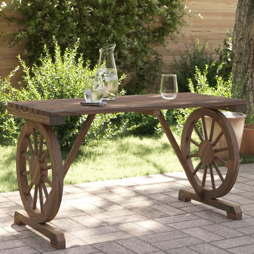 vidaXL Solid Fir Wood Patio Table 35.4""x19.7""x15.7"" - Brown Rectangular Outdoor Dining/Garden/Terrace Furniture with Wagon Wheel Design, 365114