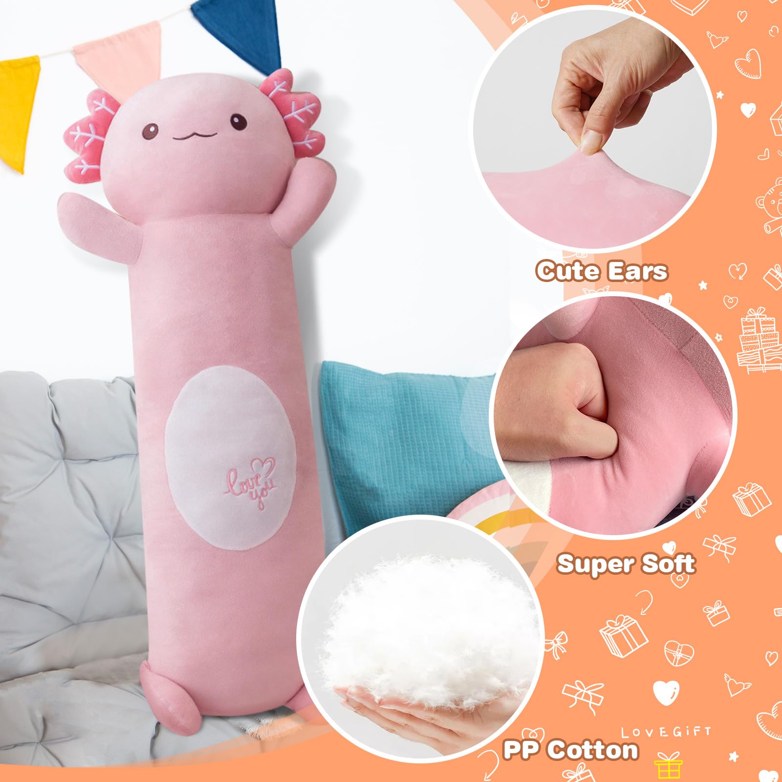 NXNYNZ Pink Long Axolotl Plush Body Pillow, Cute Axolotl Stuffed Animal, Axolotl Body Pillow Long Plush Doll for Kids Children Adults Gifts 47"