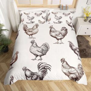 feelyou chicken rooster duvet cover twin size, cock rooster bedding set for kids sketch stylecomforter cover boys girls farmhouse bedspread cover with 1 pillow case (no comforter)