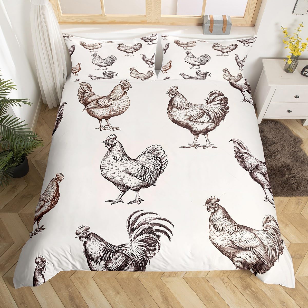 Feelyou Chicken Rooster Duvet Cover Twin Size, Cock Rooster Bedding Set for Kids Sketch StyleComforter Cover Boys Girls Farmhouse Bedspread Cover with 1 Pillow Case (No Comforter)