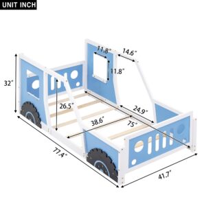 Acosure Twin Size Classic Car-Shaped Platform Bed with Wheels,Headboard and Footboard,Bedroom Wood Bed Frame W/No Box Spring Required,Easy to Assemble,for Kids Teens Girls Boys,Blue