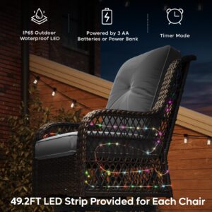 Bestier Outdoor Patio Swivel Rocking Chair, Wicker Swivel Glider Chair with 49.2 Ft LED Strip, Porch Furniture Chair with 4" Anti-Slip Grey Cushion for Garden, Deck(Dark Brown)