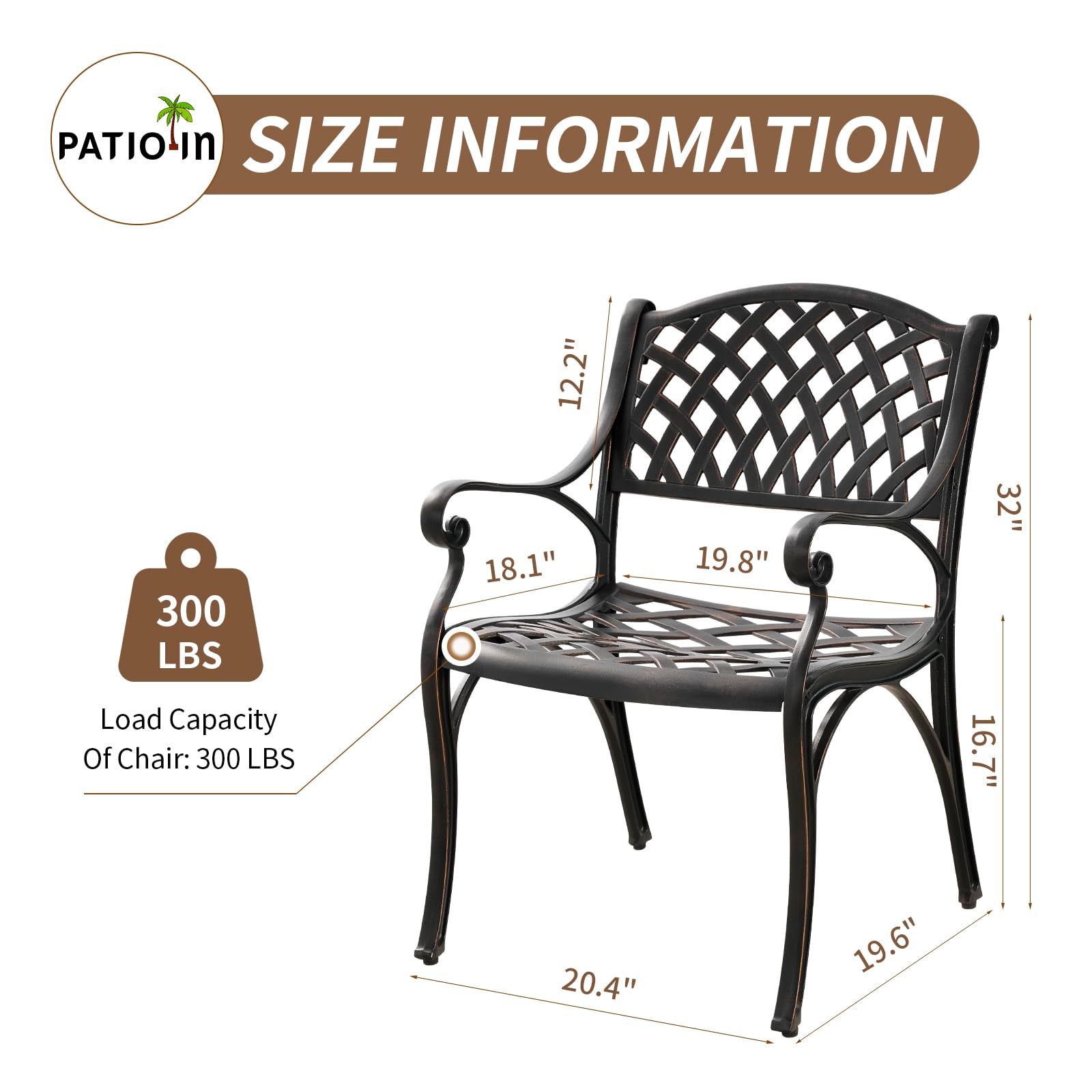 PATIO-IN Patio Bistro Chairs Set of 2 Cast Aluminum Patio Dining Chairs,Outdoor Dining Chairs with Armrest,All Weather 2 Piece Bistro Patio Dining Chair for Balcony, Backyard, Garden,Bronze