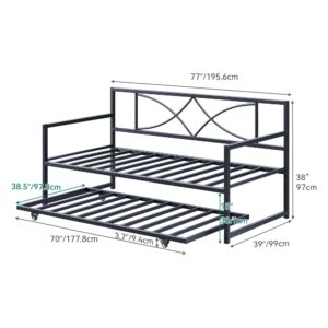 YITAHOME Twin Daybed with Pull Out Trundle, Metal Day Bed with Adjustable Height, Twin Size Mattress Foundation with Steel Slat Support for Guest Room Living Room - Black