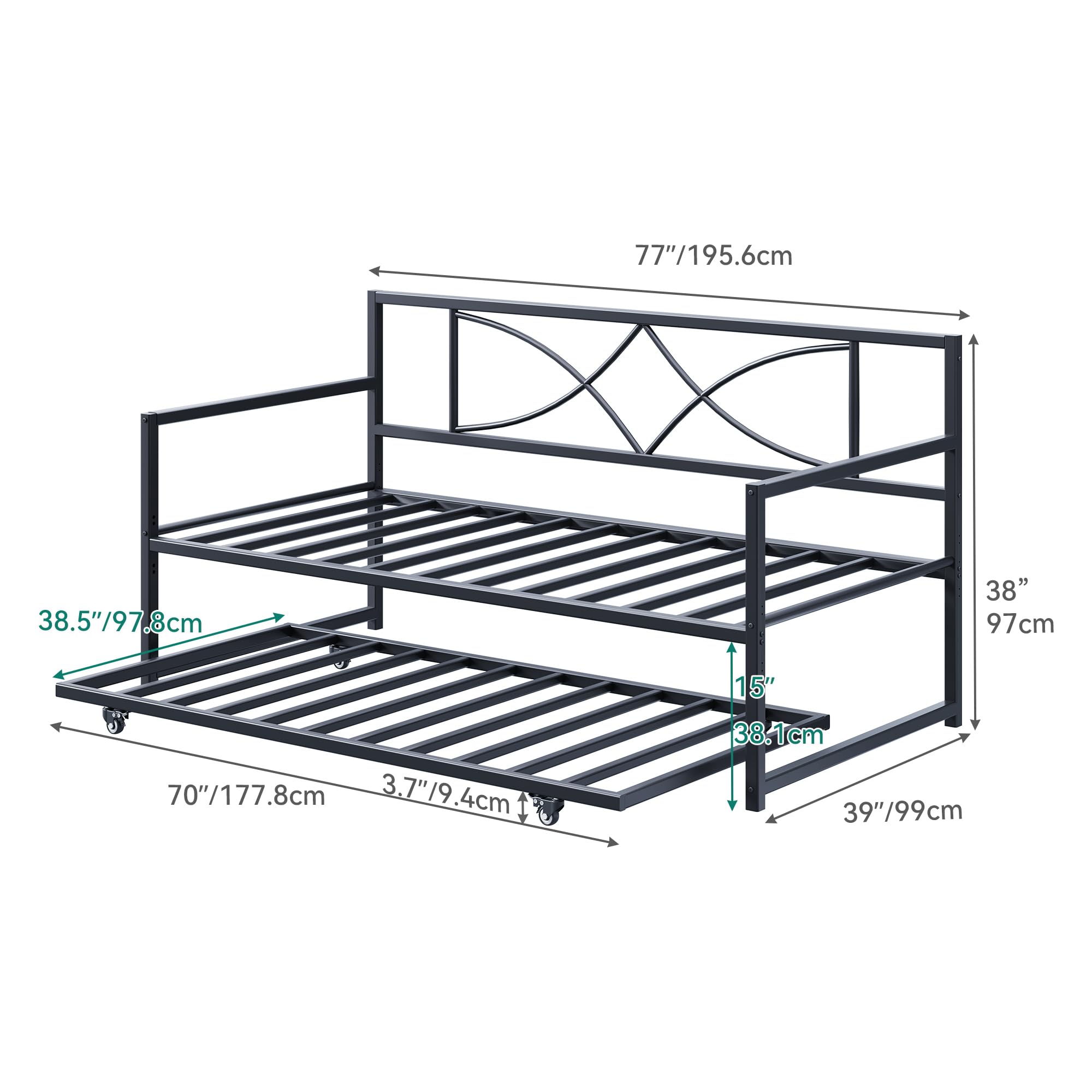 YITAHOME Twin Daybed with Pull Out Trundle, Metal Day Bed with Adjustable Height, Twin Size Mattress Foundation with Steel Slat Support for Guest Room Living Room - Black