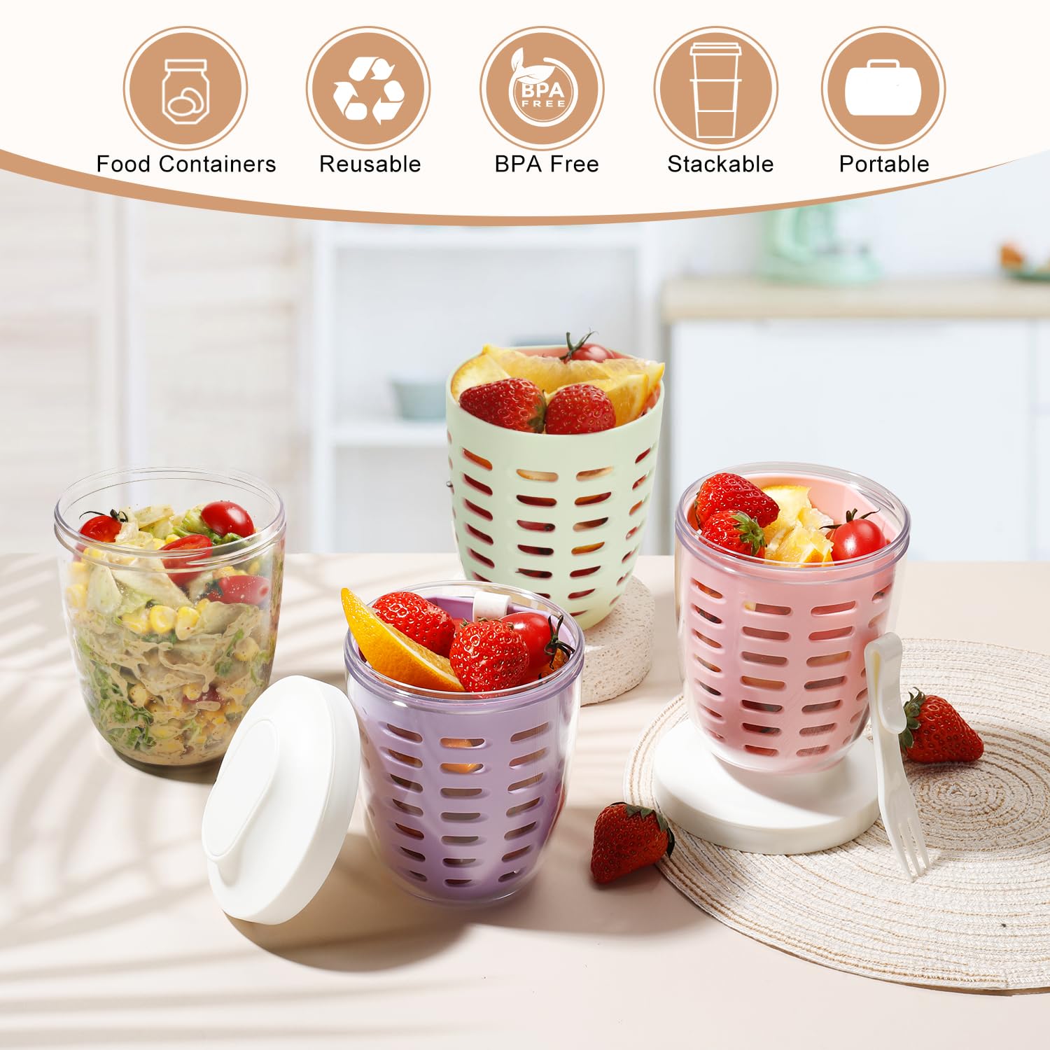 Portable Picnic Party Fruit Salad Storage Cup with Lids and Fork,20 Oz Fruit Storage Containers for Fridge with Removable Colander BPA-Free,Leak-Proof,Keep Fruits,Berry,Salad Fresh longer (pin+gre+ye)