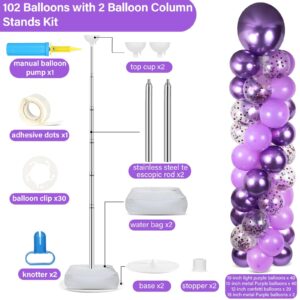 2 Sets Purple Balloon Column Stand Kit with 100 Balloons Lavender Adjustable Balloon Tower Stand with Bases for Floor Purple Confetti Balloon Column Kit for Christmas Birthday Wedding Thanksgiving