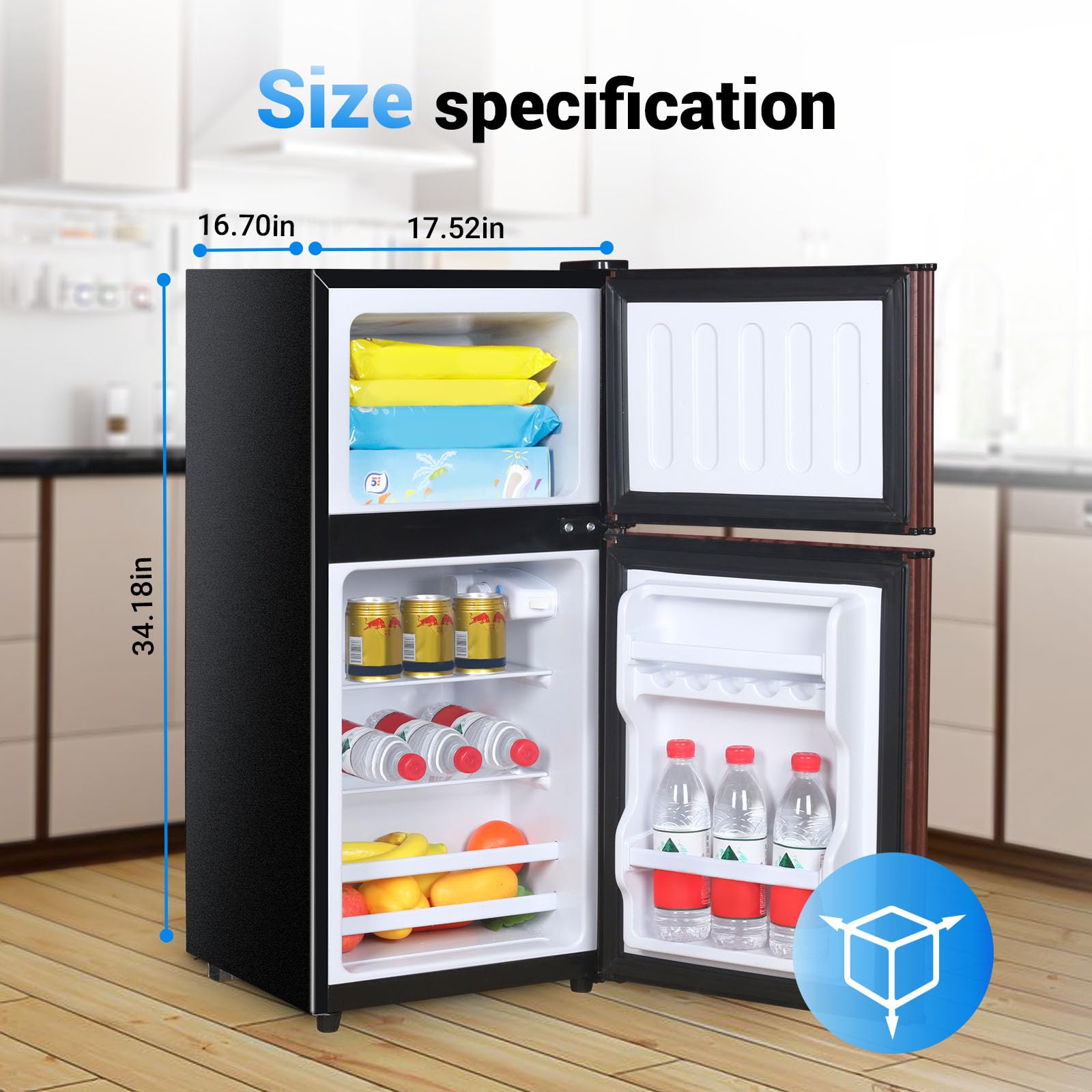 Maine Mini Fridge, Small Fridge with Freezer 3.2 Cu.Ft. 2-Door Compact Refrigerator with 7 Level Adjustable Thermostat Control Perfect for Kitchen Dorm Apartment Office Wood