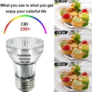 Ivyemons PAR16 Light Bulb - 6 Pack PAR16 Halogen Bulb 60W 120V E26 Base Warm White 2800k, Long Lasting PAR16 Flood Bulb Dimmable, Halogen PAR16 Bulb 60W for Range Hood Lights,Ceiling Fan,Table Light