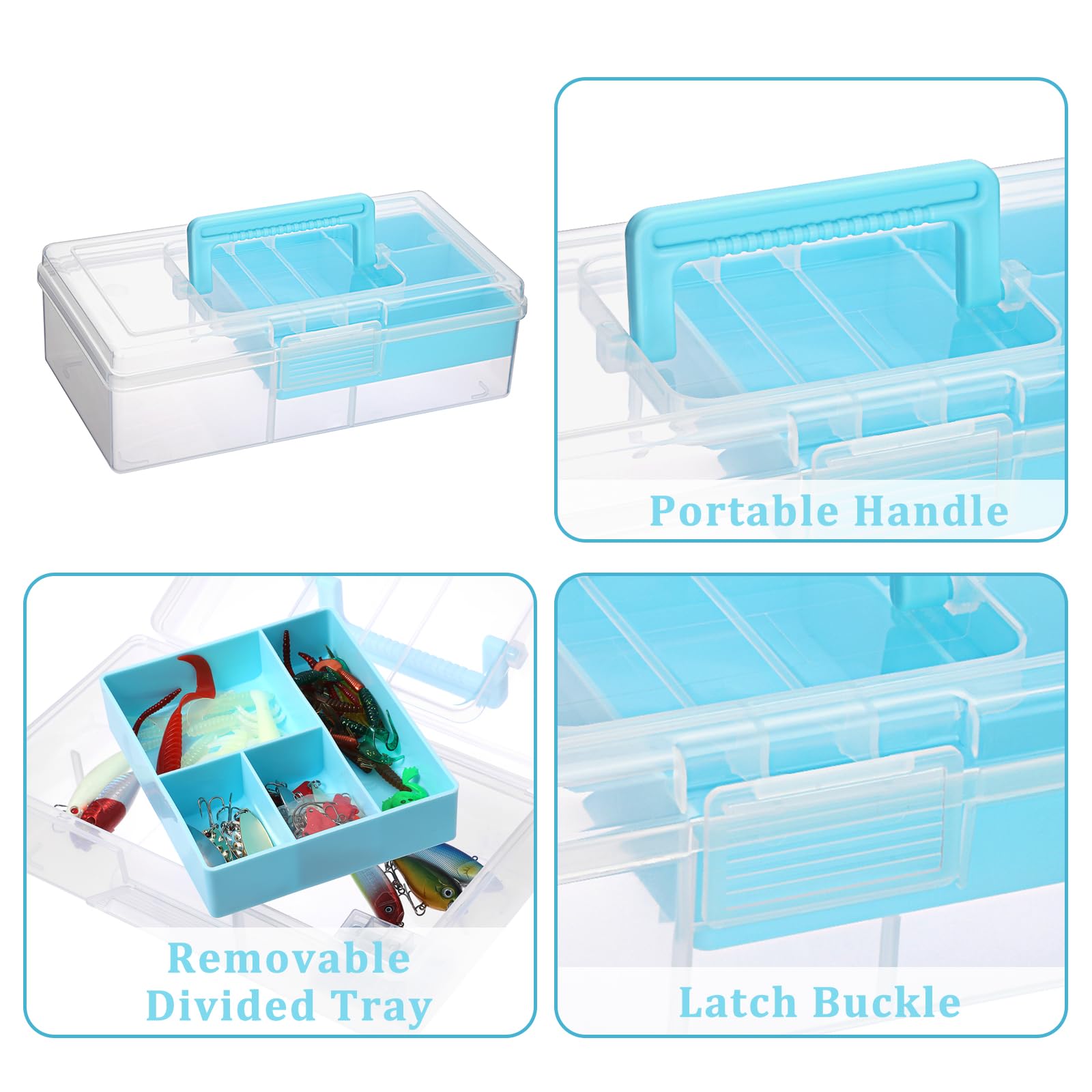 JUXYES Plastic Carry Storage Box with Removable Dividers, Clear Art Craft Supply Storage Bin Sewing Box With Handle Lid, 2 Layers Stationery Storage Case for School/Office Supplies