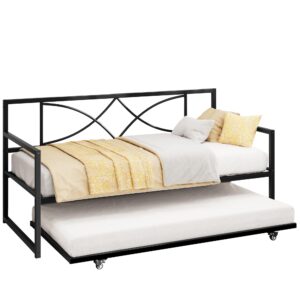 YITAHOME Twin Daybed with Pull Out Trundle, Metal Day Bed with Adjustable Height, Twin Size Mattress Foundation with Steel Slat Support for Guest Room Living Room - Black