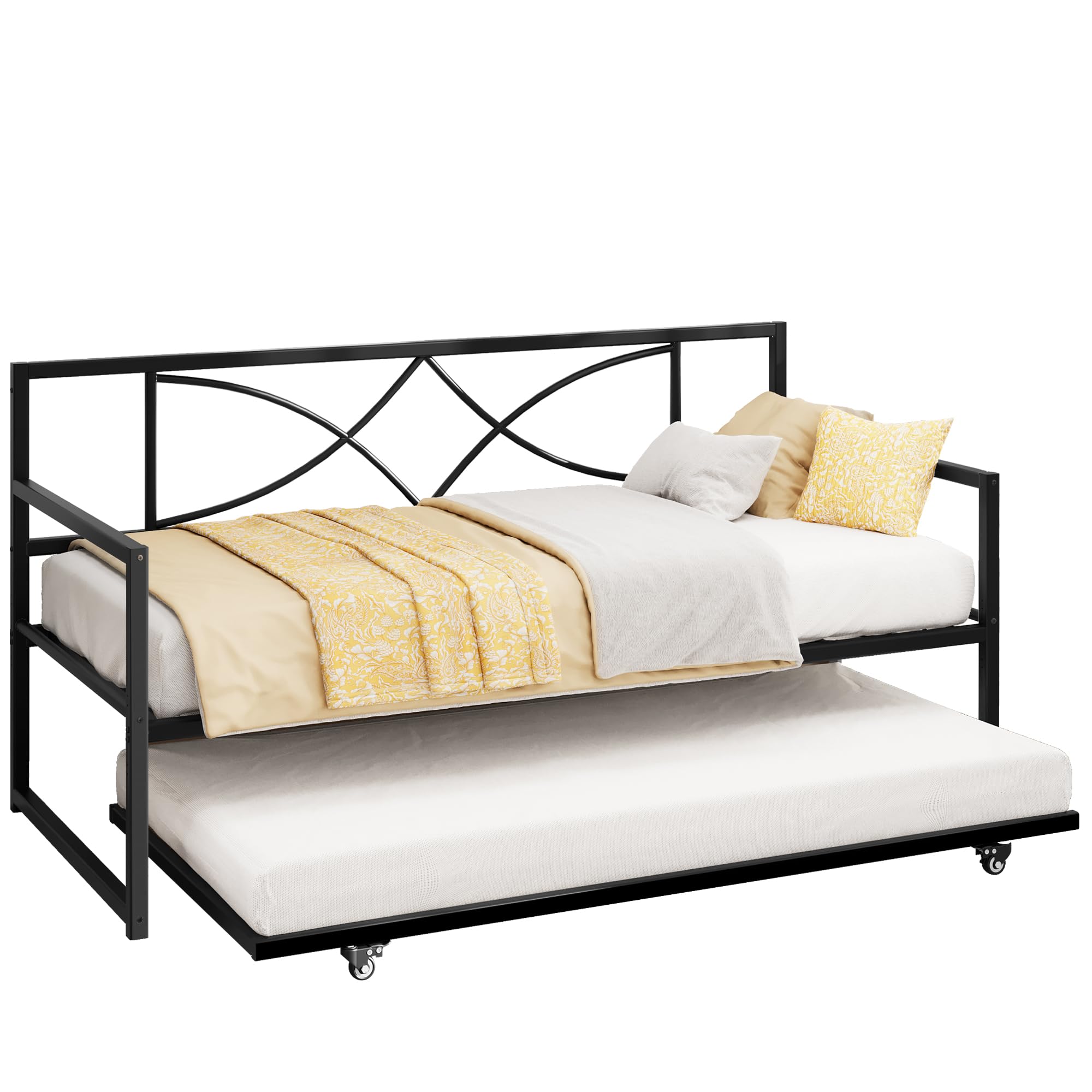 YITAHOME Twin Daybed with Pull Out Trundle, Metal Day Bed with Adjustable Height, Twin Size Mattress Foundation with Steel Slat Support for Guest Room Living Room - Black