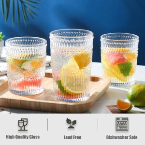 Vintage Striped Glassware 8 Set, Textured Drinking Glasses, 4 Highball 12oz & 4 Rocks 10oz, Juice Cups for Cocktails & Beverages, for Home and Bar