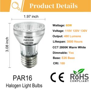 Ivyemons PAR16 Light Bulb - 6 Pack PAR16 Halogen Bulb 60W 120V E26 Base Warm White 2800k, Long Lasting PAR16 Flood Bulb Dimmable, Halogen PAR16 Bulb 60W for Range Hood Lights,Ceiling Fan,Table Light