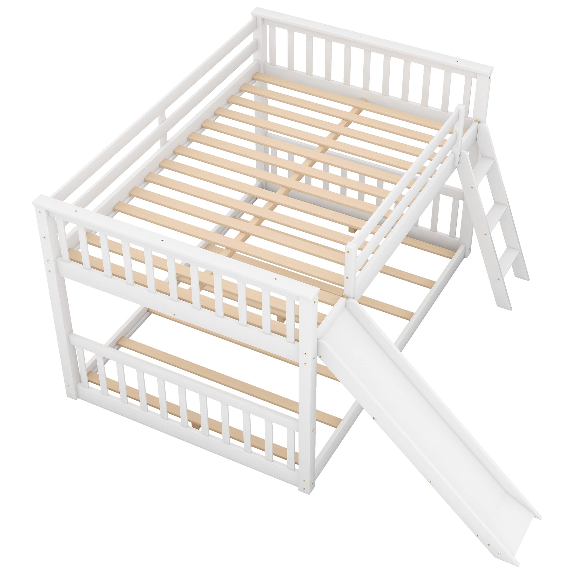 Jintop Full Over Full Bunk Bed with Convertible or Removable Slide and Ladder,Modern Loft Shelf Bed,w/Slat Support,No Box Spring Needed,for Apartment,Bedroom,Guest Room,White