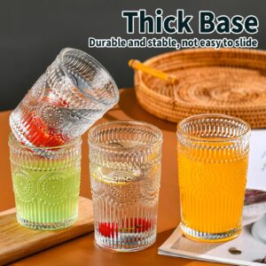 Vintage Striped Glassware 8 Set, Textured Drinking Glasses, 4 Highball 12oz & 4 Rocks 10oz, Juice Cups for Cocktails & Beverages, for Home and Bar