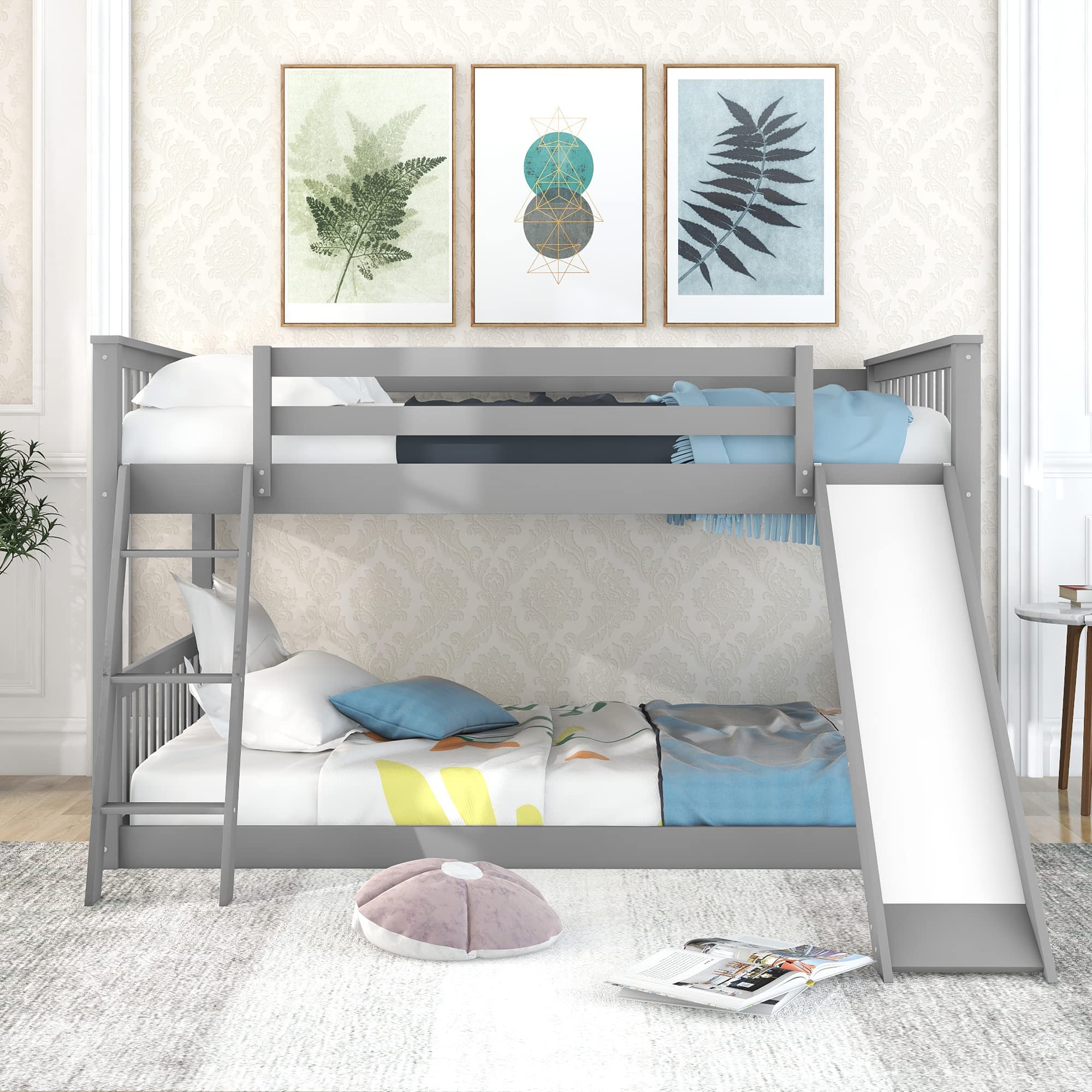 Acosure Full Over Full Bunk Bed with Convertible Slide and Ladder,Bedroom Wood Low Bed Frame W/Slats Support,No Box Spring Required,for Kids Teens Girls Boys,Gray