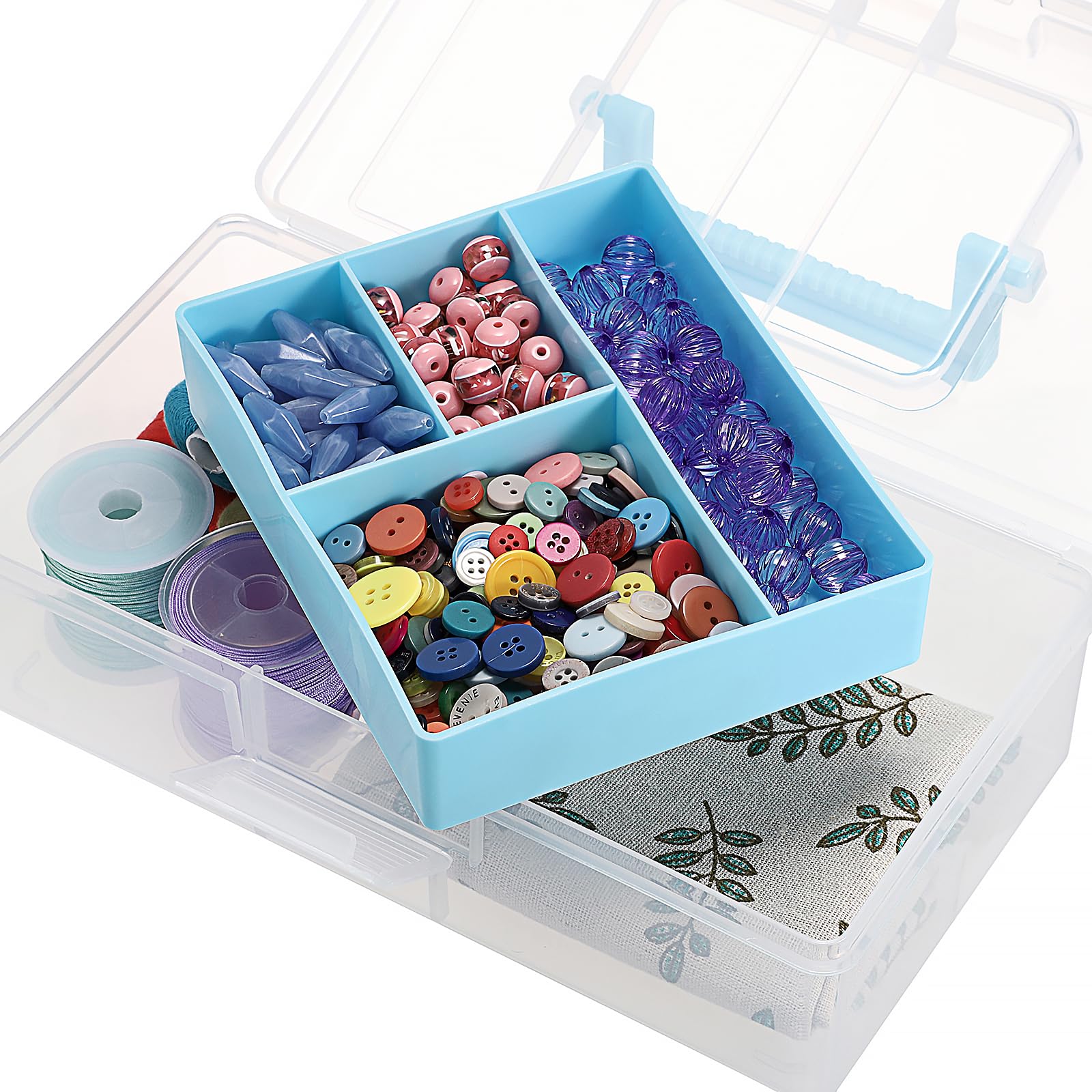 JUXYES Plastic Carry Storage Box with Removable Dividers, Clear Art Craft Supply Storage Bin Sewing Box With Handle Lid, 2 Layers Stationery Storage Case for School/Office Supplies