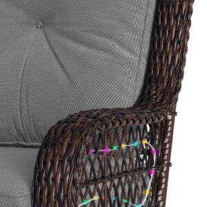 Bestier Outdoor Patio Swivel Rocking Chair, Wicker Swivel Glider Chair with 49.2 Ft LED Strip, Porch Furniture Chair with 4" Anti-Slip Grey Cushion for Garden, Deck(Dark Brown)