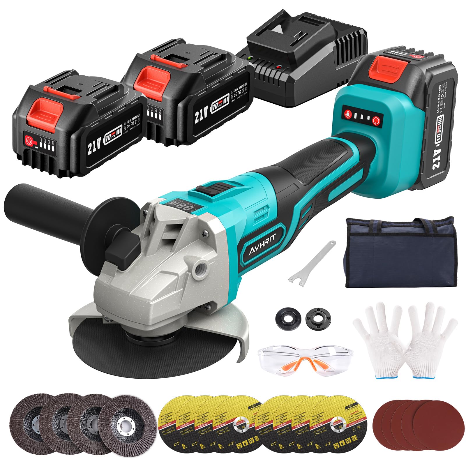 Avhrit Cordless Angle Grinder 2X4.0AH Batteries, 21V Power Angle Grinder Tools with Fast Charger, 9000 RPM Brushless Motor Metal Grinder, 4-1/2'' Cutting Wheels, Flap Disc for Cutting, Grinding