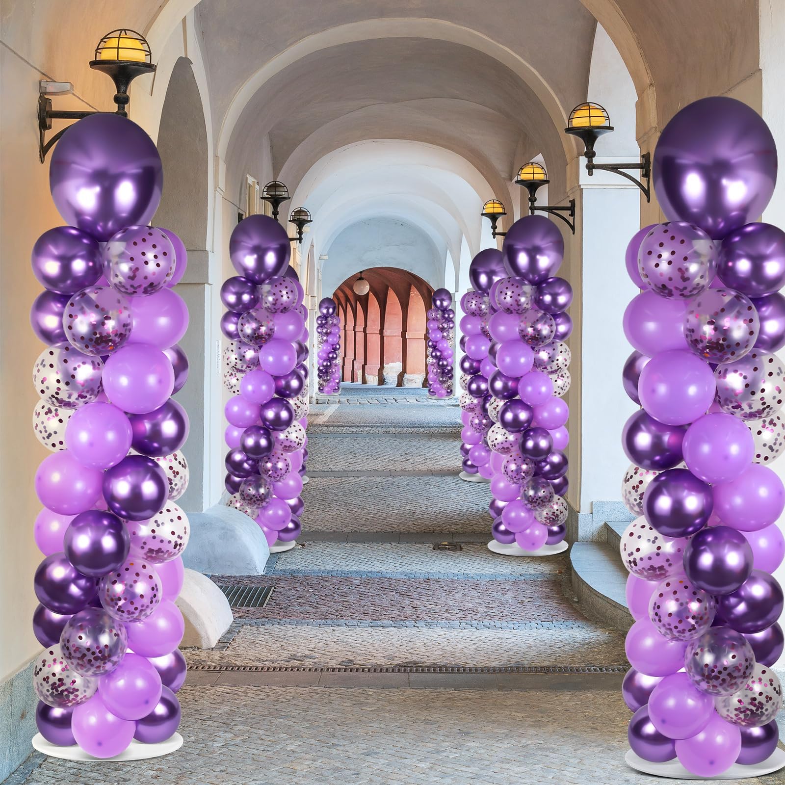 2 Sets Purple Balloon Column Stand Kit with 100 Balloons Lavender Adjustable Balloon Tower Stand with Bases for Floor Purple Confetti Balloon Column Kit for Christmas Birthday Wedding Thanksgiving