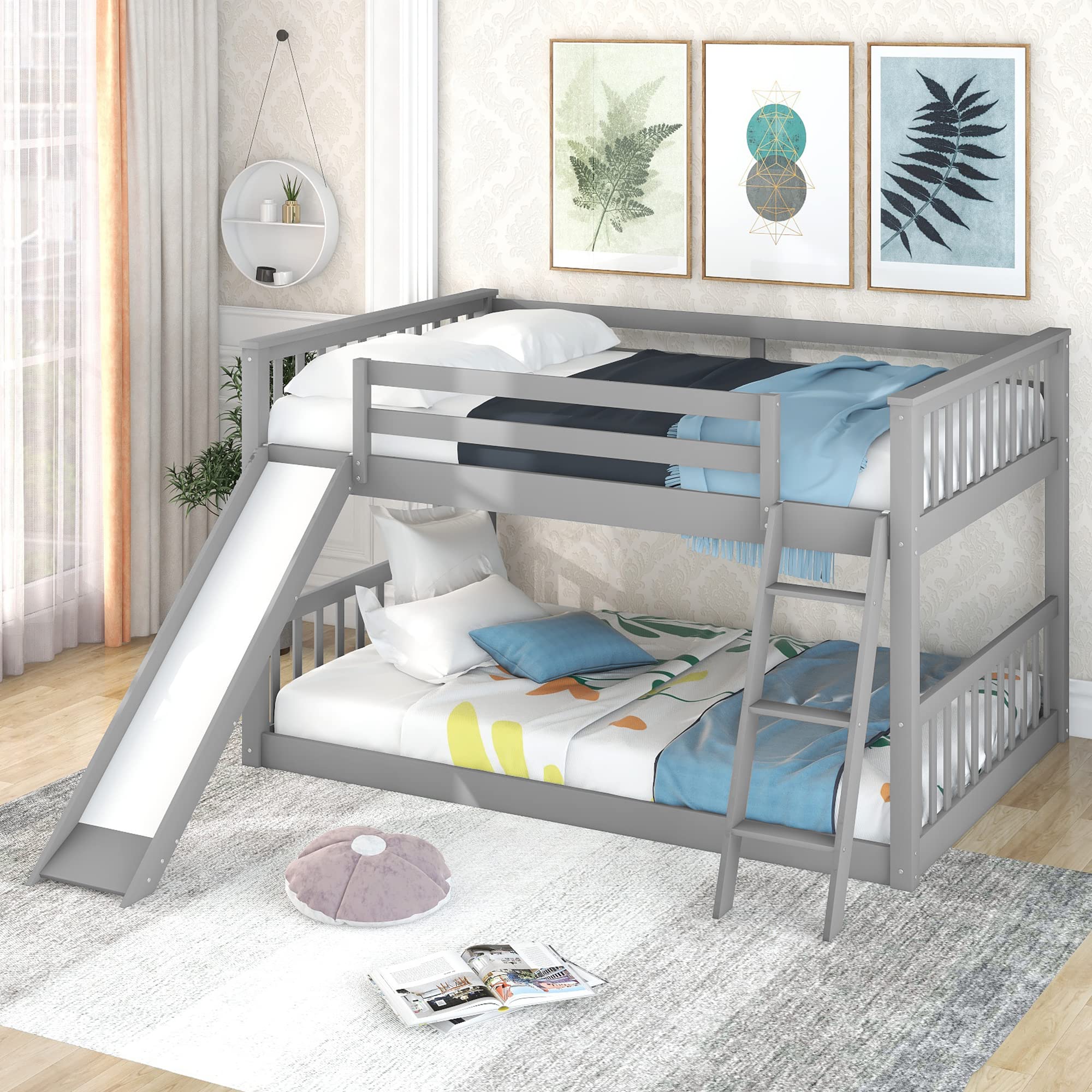 Acosure Full Over Full Bunk Bed with Convertible Slide and Ladder,Bedroom Wood Low Bed Frame W/Slats Support,No Box Spring Required,for Kids Teens Girls Boys,Gray