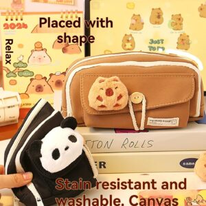 forzma Open Wide 4 Compartment Pencil Case Pen Pouch Canvas Capybara with Pen Slots Grids Bonus Pin Brown/Black (Milk Coffee)