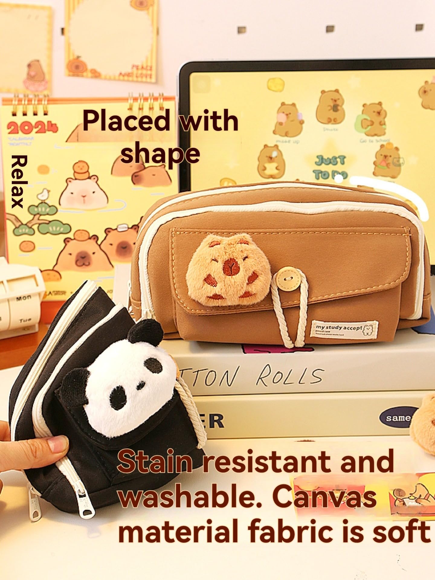 forzma Open Wide 4 Compartment Pencil Case Pen Pouch Canvas Capybara with Pen Slots Grids Bonus Pin Brown/Black (Milk Coffee)