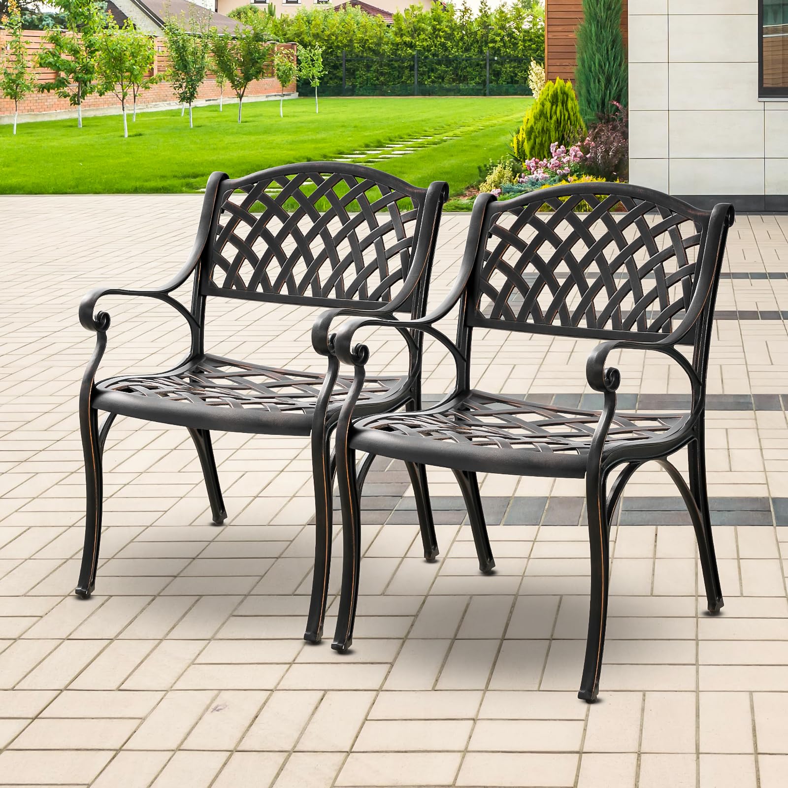 PATIO-IN Patio Bistro Chairs Set of 2 Cast Aluminum Patio Dining Chairs,Outdoor Dining Chairs with Armrest,All Weather 2 Piece Bistro Patio Dining Chair for Balcony, Backyard, Garden,Bronze