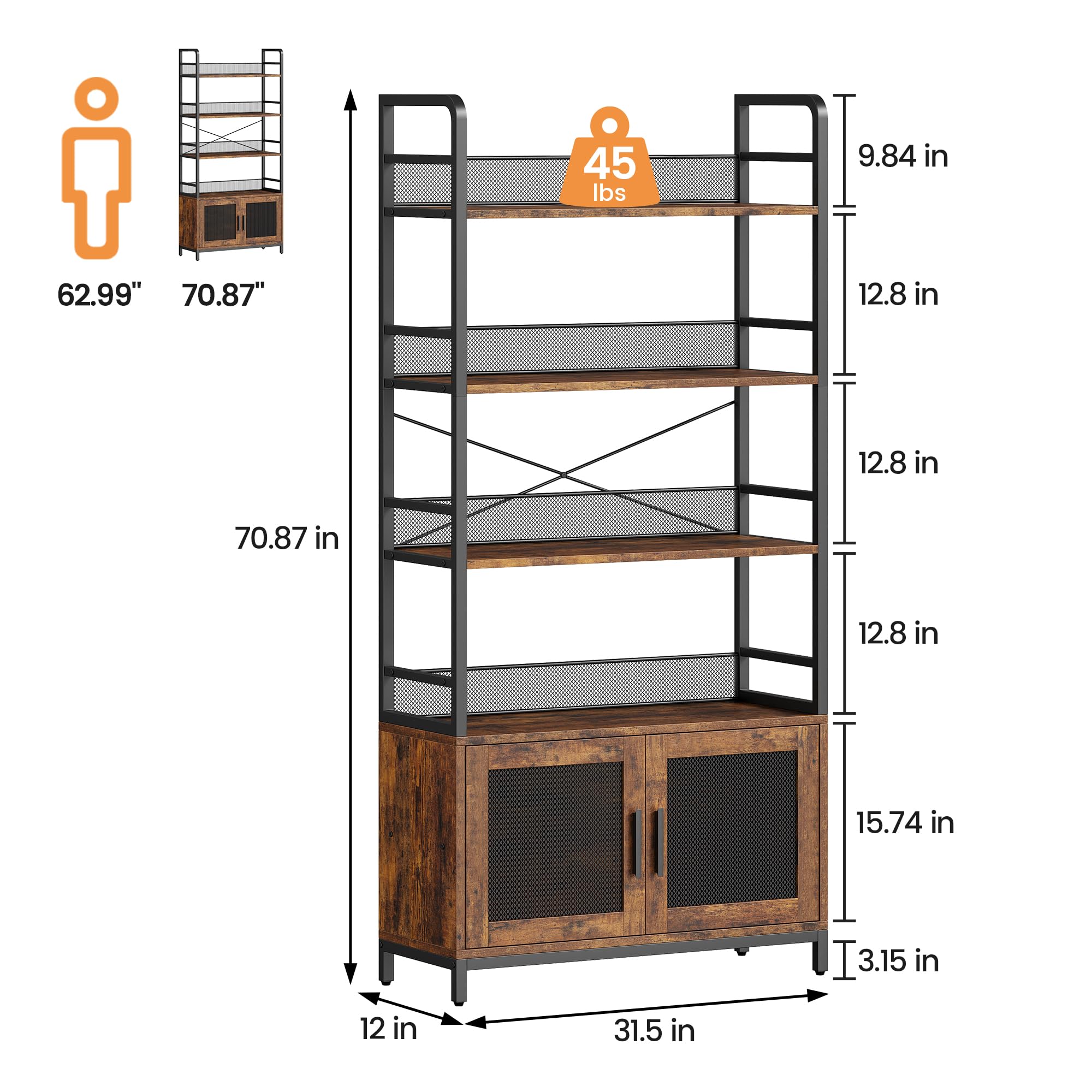 GAOMON Industrial Bookshelf with Doors 70.87" Tall Bookcase with 4 Tiers Open Storage Shelf Rustic Bookshelves Display Rack Cabinet Farmhouse Bookshelf for Bedroom, Living Room, Home Office, Brown