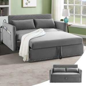 sumkea loveseat sleeper sofa beds, pull out couch, 55'' velvet 3 in 1 sofa cama adjustable back with 2 pillows & side pocket, ideal for living room and bedroom, grey