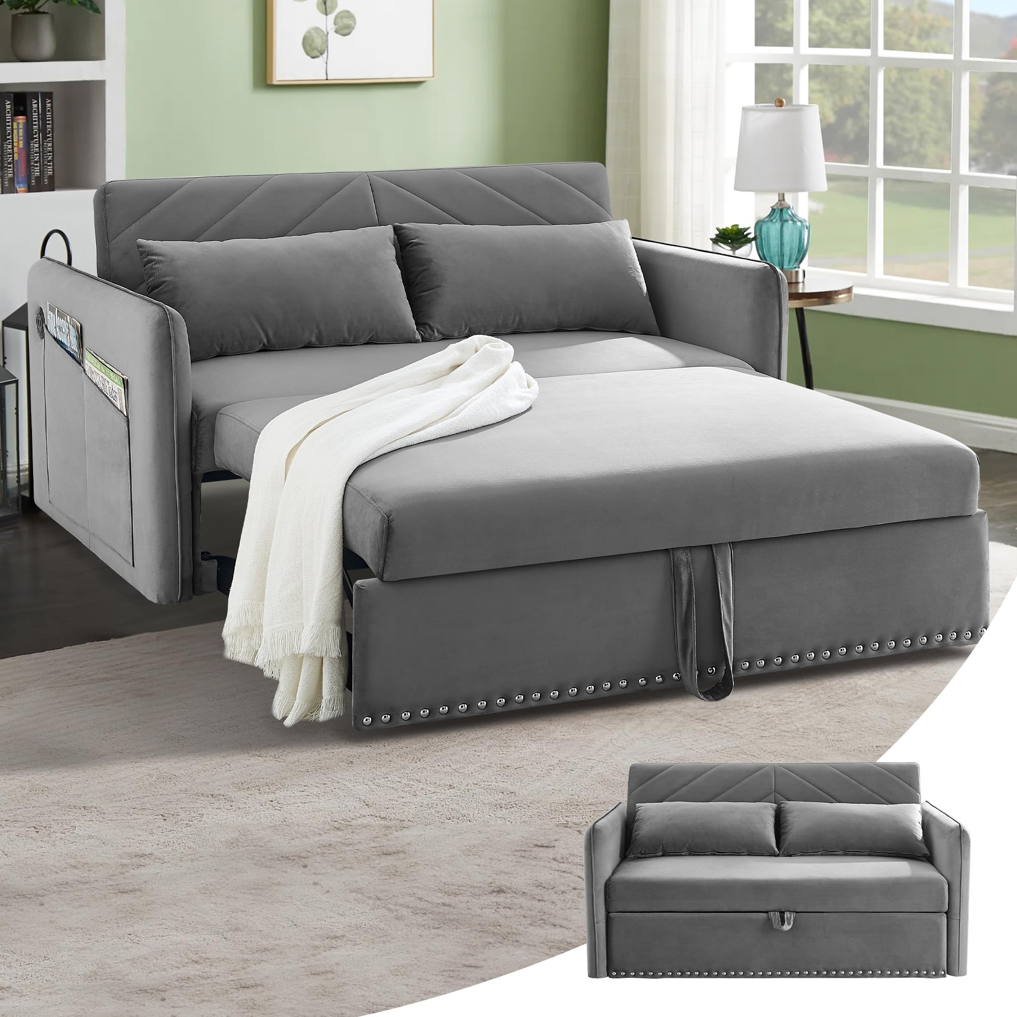 SumKea Loveseat Sleeper Sofa Beds, Pull Out Couch, 55'' Velvet 3 in 1 Sofa Cama Adjustable Back with 2 Pillows & Side Pocket, Ideal for Living Room and Bedroom, Grey