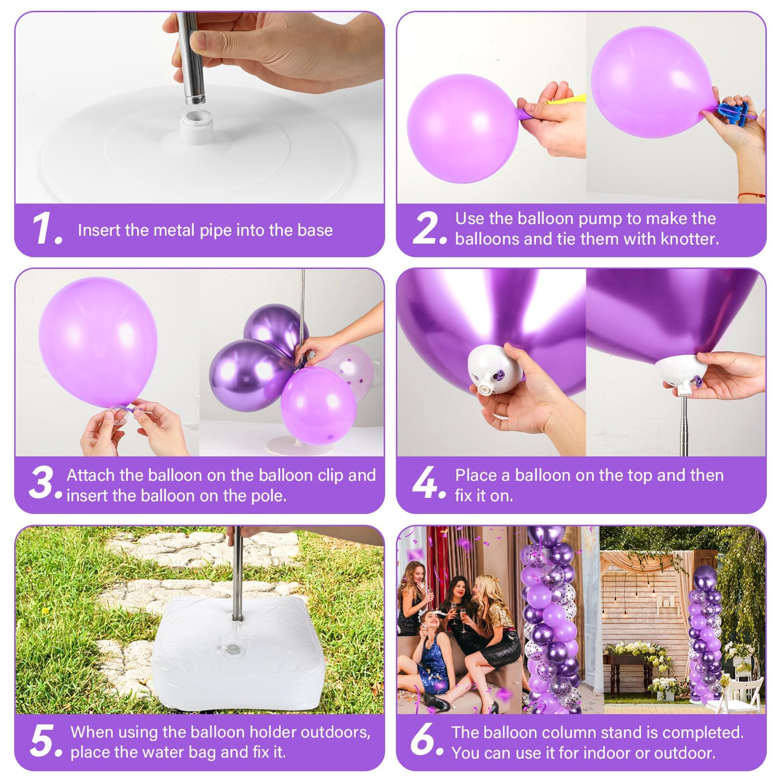 2 Sets Purple Balloon Column Stand Kit with 100 Balloons Lavender Adjustable Balloon Tower Stand with Bases for Floor Purple Confetti Balloon Column Kit for Christmas Birthday Wedding Thanksgiving