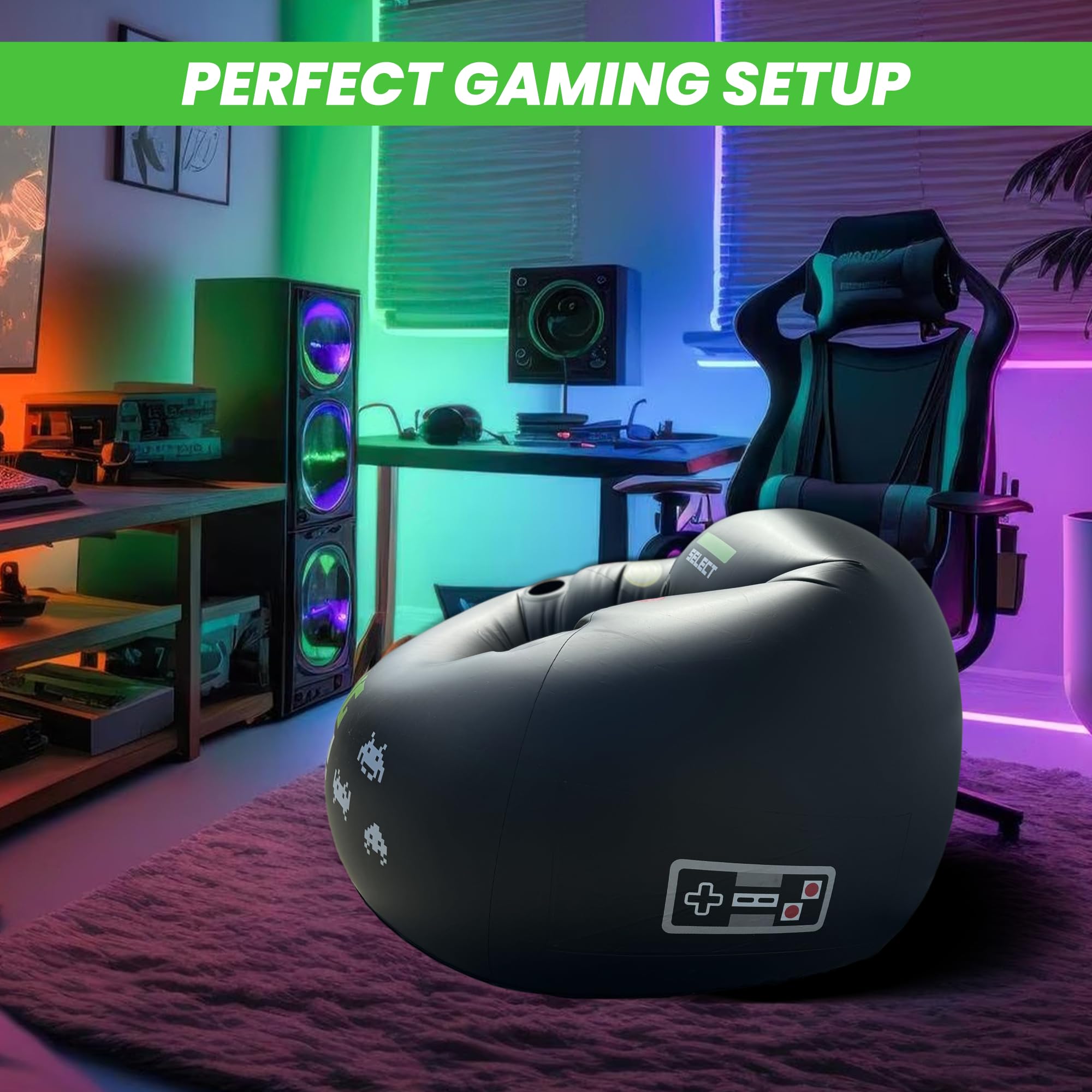 Inflatable Gaming Chair for Kids & Teens with Cup Holders and Side Pocket - This Air Gaming Bean Bag Chairs for Kids is The Perfect Furniture for Gamer Room Decor - Perfect Gaming Stuff for Boys 4-12