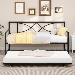 YITAHOME Twin Daybed with Pull Out Trundle, Metal Day Bed with Adjustable Height, Twin Size Mattress Foundation with Steel Slat Support for Guest Room Living Room - Black